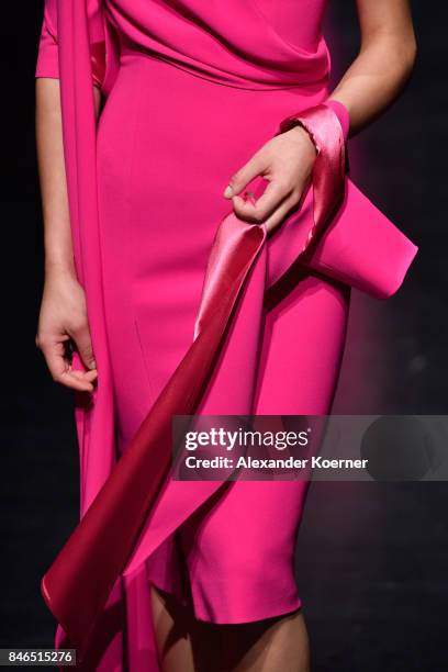 Model, dress detail, walks the runway at the Umit Kutluk show during Mercedes-Benz Istanbul Fashion Week September 2017 at Zorlu Center on September...