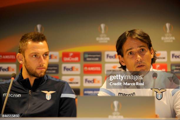 Stefan De Vrij and SS Lazio head coach Simone Inzaghi during the SS Lazio Press Conference on September 13, 2017 in Arnhem, Netherlands.