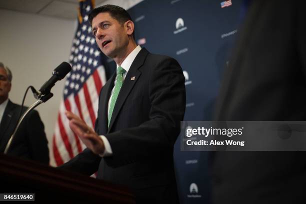 Speaker of the House Rep. Paul Ryan speaks during a news briefing September 13, 2017 at the Capitol in Washington, DC. House Republican had a...