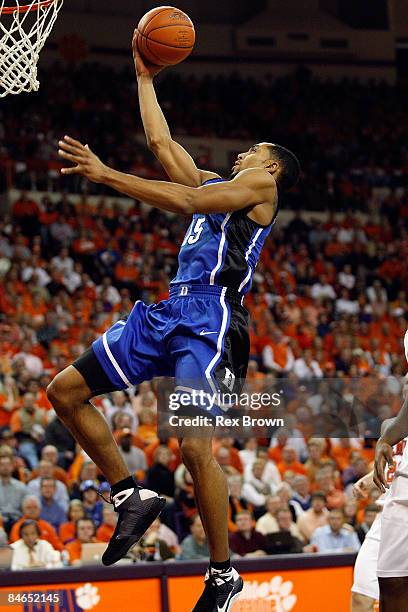 Gerald Henderson of the Duke Blue Devils goes up for this layup against the Clemson Tigers at Littlejohn Coliseum on February 4, 2009 in Clemson,...