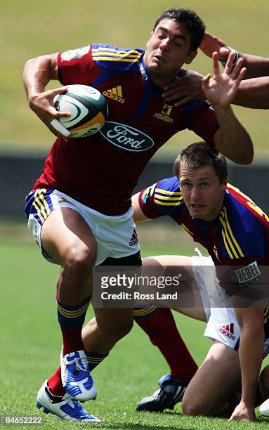 Daniel Bowden of the Highlanders in action during a Super 14 pre-season match between the Blues and the Highlanders held at North Harbour Stadium...