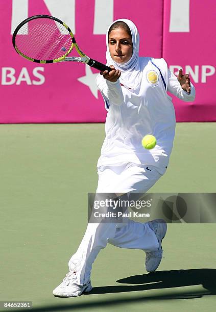 Madona Najarian of Iran plays a return shot to Galina Voskoboeva of Kazakhstan during day two of the Fed Cup - Asia/Oceania Zone Group 1 & 2 match at...
