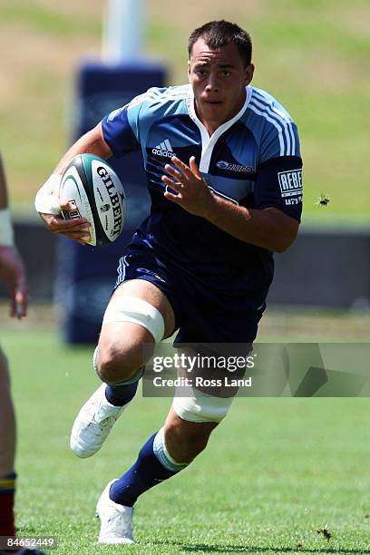 Chris Lowrey of the Blues in action during a Super 14 pre-season match between the Blues and the Highlanders held at North Harbour Stadium February...