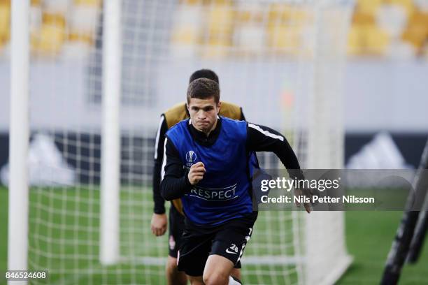 Artem Gromov of Zorya Luhansk during a training session/press conference ahead of the UEFA Europa League group J match against Zorya Lugansk, on...