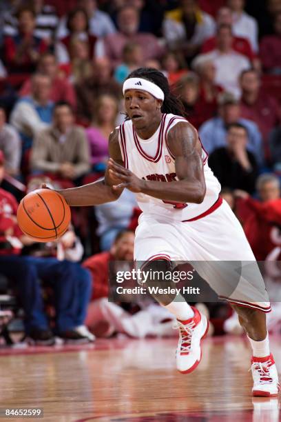 Courtney Fortson of the Arkansas Razorbacks dribbles the ball down the court against the Tennessee Volunteers at Bud Walton Arena on February 4, 2009...