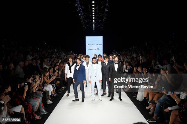 Models walks the runway during Finale at the Giovane Gentile show during Mercedes-Benz Istanbul Fashion Week September 2017 at Zorlu Center on...