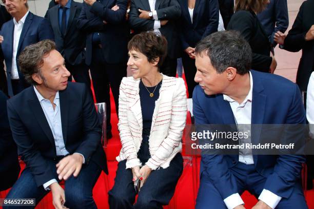 Stephane Berne, Elizabeth Martichoux and Marc-Olivier Fogiel attend the RTL - RTL2 - Fun Radio Press Conference to announce their TV Schedule for...