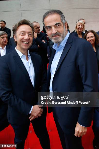 Stephane Bern and CEO RTL Christopher Baldelli attend the RTL - RTL2 - Fun Radio Press Conference to announce their TV Schedule for 2017/2018 at...