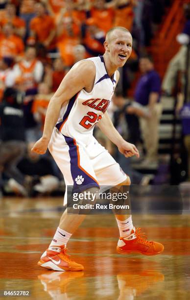 Terrence Oglesby of the Clemson Tigers reacts after a score against the Duke Blue Devils at Littlejohn Coliseum on February 4, 2009 in Clemson, South...