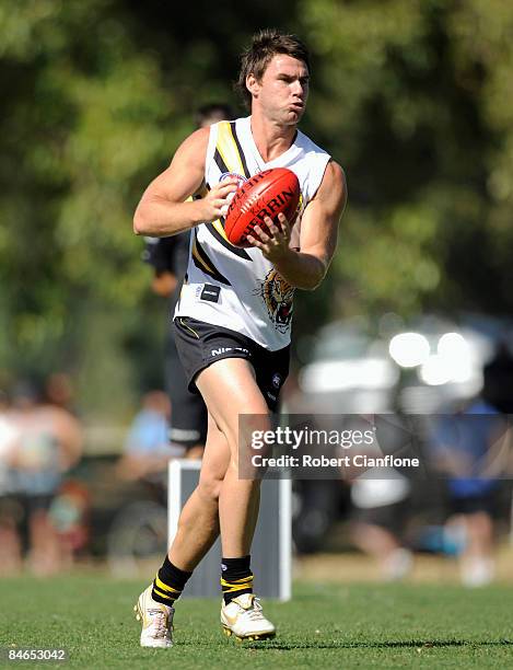 Chris Newman of the Tigers looks to pass during a Richmond Tigers AFL training session held at Gosch's Paddock on February 5, 2009 in Melbourne,...