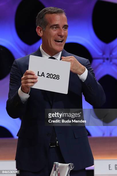 Los Angeles Mayor Eric Garcetti reacts after the confirmation of LA as Host City for 2028 Olympic Games during the 131th IOC Session - 2024 & 2028...