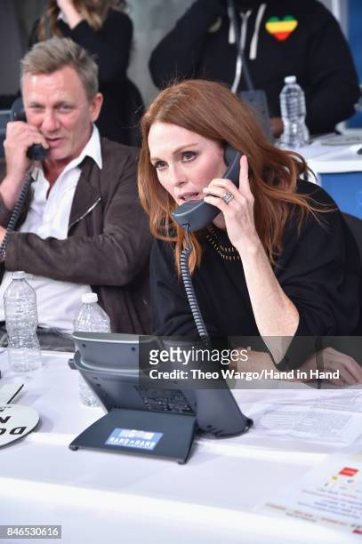 In this handout photo provided by Hand in Hand, Daniel Craig and Julianne Moore caption on at ABC News' Good Morning America Times Square Studio on...