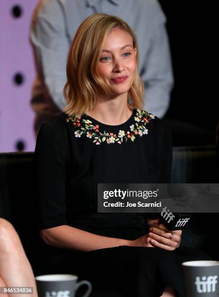 Actress Sarah Gadon speaks onstage at "Alias Grace" Press Conference during the 2017 Toronto International Film Festival at TIFF Bell Lightbox on...