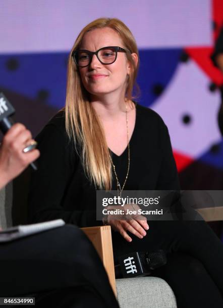 Screenwriter/producer Sarah Polley speaks onstage at "Alias Grace" Press Conference during the 2017 Toronto International Film Festival at TIFF Bell...