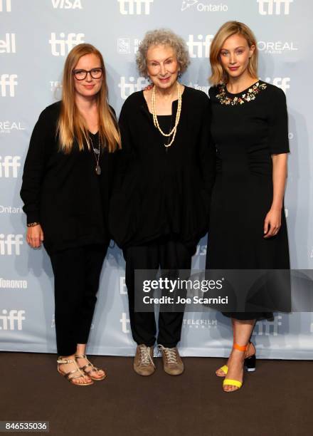 Producer/screenwriter Sarah Polley, screenwriter/producer Margaret Atwood and actress Sarah Gadon attend Alias Grace" Press Conference during the...