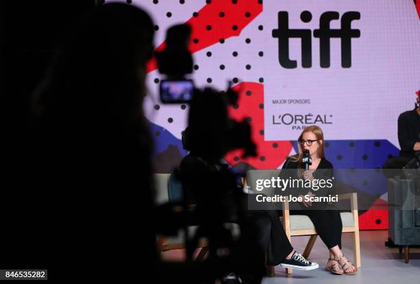 Producer/screenwriter Sarah Polley speaks onstage at "Alias Grace" Press Conference during the 2017 Toronto International Film Festival at TIFF Bell...