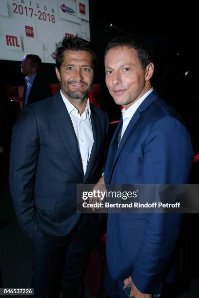 Bixente Lizarazu and Marc-Olivier Fogiel attend the RTL - RTL2 - Fun Radio Press Conference to announce their TV Schedule for 2017/2018 at Elysee...