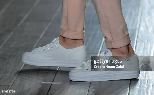 Model, shoe detail, walks the runway at the Eva Longoria Collection fashion show during New York Fashion Week: Style360 at Metropolitan West on...