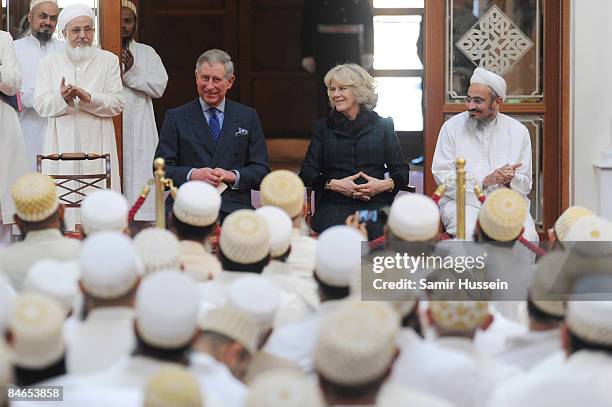 Prince Charles, Prince of Wales and Camilla, Duchess of Cornwall sit in the formal worship area of the Dawoodi Bohra Mosque on February 4, 2009 in...