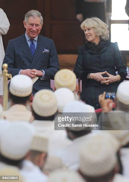Prince Charles, Prince of Wales and Camilla, Duchess of Cornwall sit in the formal worship area of the Dawoodi Bohra Mosque on February 4, 2009 in...