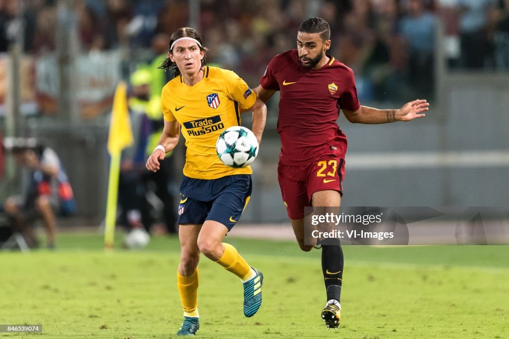 Filipe Luis of Club Atletico de Madrid, Gregoire Defrel of AS Roma ...