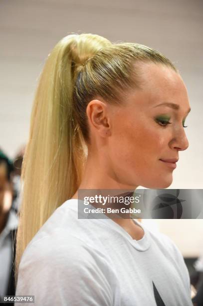 Model Daria Mikhaylova poses backstage for the Zang Toi fashion show during New York Fashion Week: The Shows at Gallery 3, Skylight Clarkson Sq on...