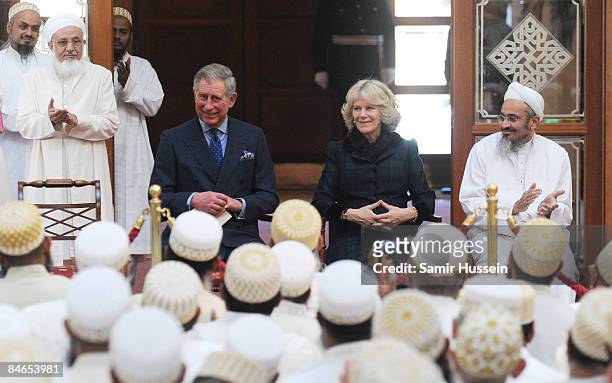 Prince Charles, Prince of Wales and Camilla, Duchess of Cornwall sit in the formal worship area of the Dawoodi Bohra Mosque on February 4, 2009 in...