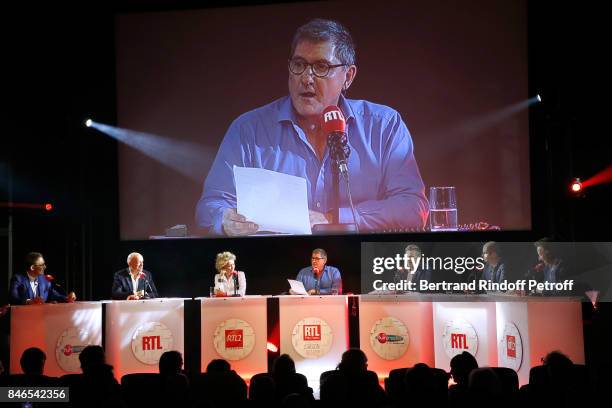 Julien Courbet, Louis Bodin, Alba Ventura, Yves Calvi, Jean-Philippe Janssens, Cyprien Cini and Stephane Bern attend the RTL - RTL2 - Fun Radio Press...