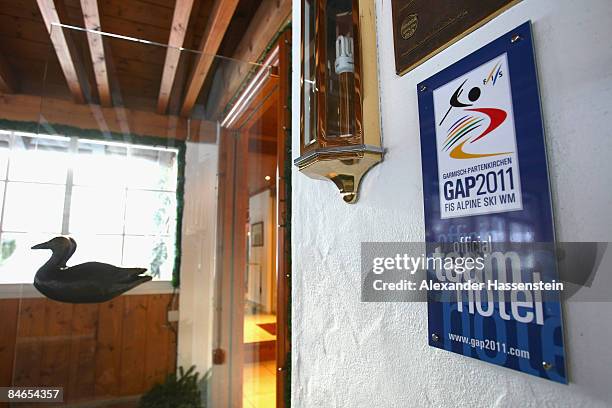 The entrance at a official team hotel for the FIS Alpine Ski World Championships 20011 at Garmisch-Partenkirchen, is seen on February 1, 2009 in...