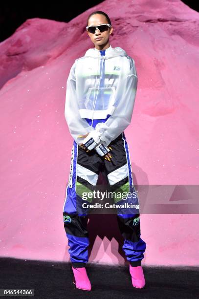 Model walks the runway at the Fenty Puma by Rihanna Spring Summer 2018 fashion show during New York Fashion Week on September 10, 2017 in New York,...