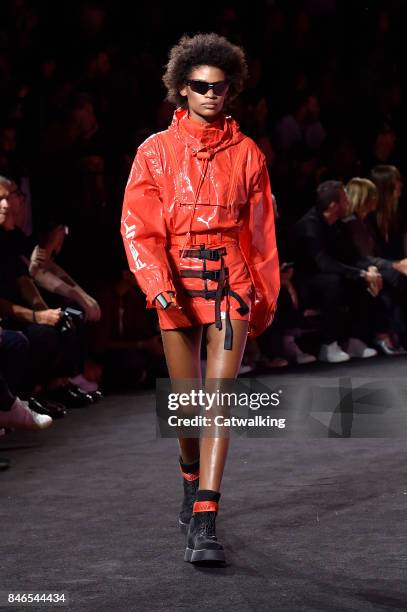 Model walks the runway at the Fenty Puma by Rihanna Spring Summer 2018 fashion show during New York Fashion Week on September 10, 2017 in New York,...