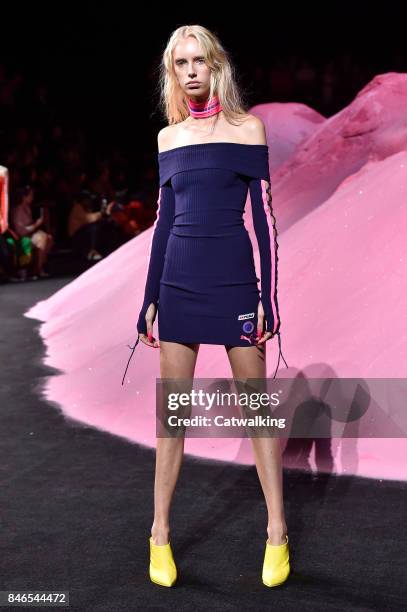 Model walks the runway at the Fenty Puma by Rihanna Spring Summer 2018 fashion show during New York Fashion Week on September 10, 2017 in New York,...