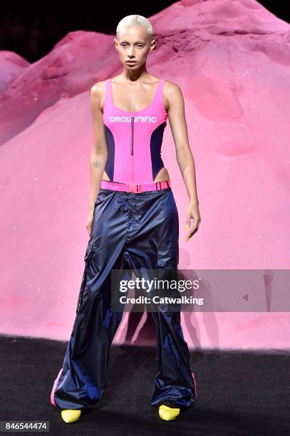 Model walks the runway at the Fenty Puma by Rihanna Spring Summer 2018 fashion show during New York Fashion Week on September 10, 2017 in New York,...