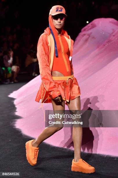 Model walks the runway at the Fenty Puma by Rihanna Spring Summer 2018 fashion show during New York Fashion Week on September 10, 2017 in New York,...