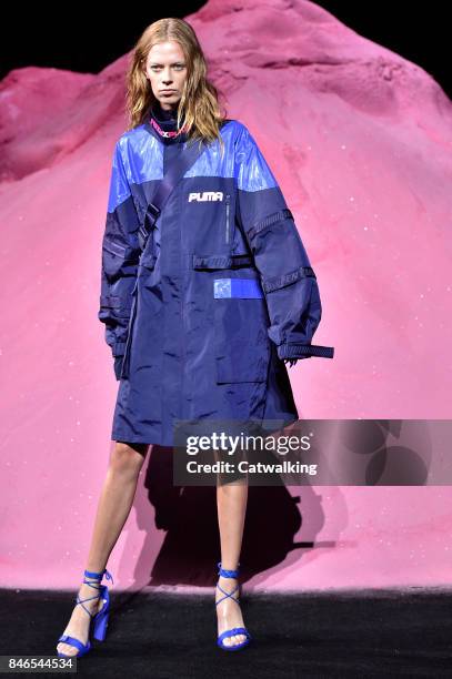 Model walks the runway at the Fenty Puma by Rihanna Spring Summer 2018 fashion show during New York Fashion Week on September 10, 2017 in New York,...