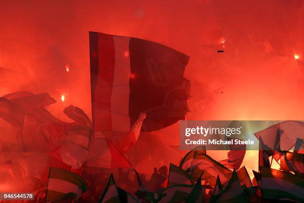 Feyenoord fans let off flares prior to the UEFA Champions League group F match between Feyenoord and Manchester City at Feijenoord Stadion on...