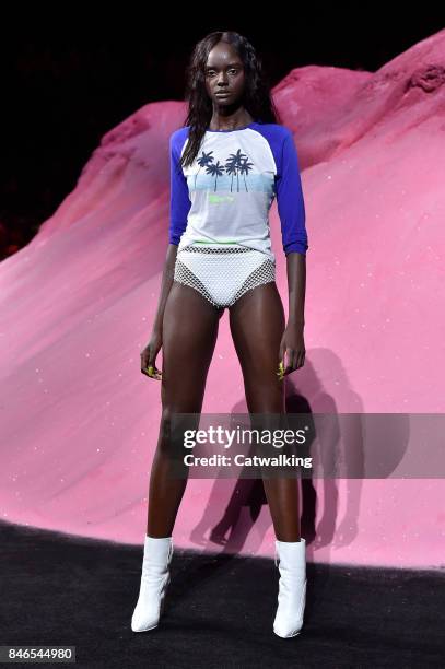 Model walks the runway at the Fenty Puma by Rihanna Spring Summer 2018 fashion show during New York Fashion Week on September 10, 2017 in New York,...