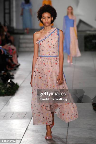 Model walks the runway at the Carolina Herrera Spring Summer 2018 fashion show during New York Fashion Week on September 11, 2017 in New York, United...