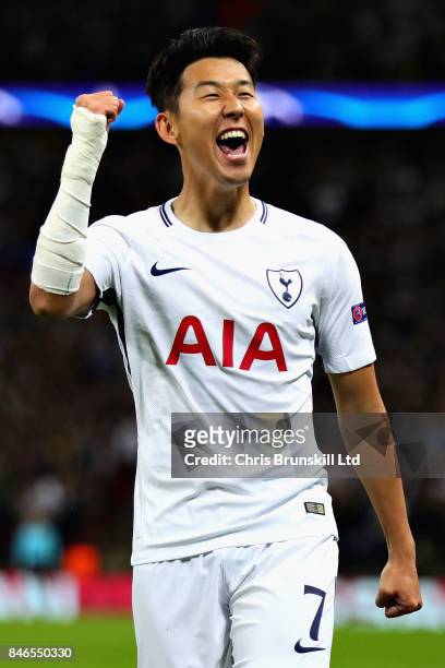 Heung-Min Son of Tottenham Hotspur celebrates scoring the opening goal during the UEFA Champions League group H match between Tottenham Hotspur and...