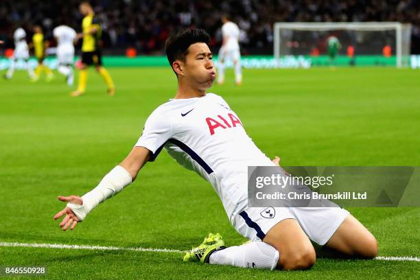 Heung-Min Son of Tottenham Hotspur celebrates scoring the opening goal during the UEFA Champions League group H match between Tottenham Hotspur and...