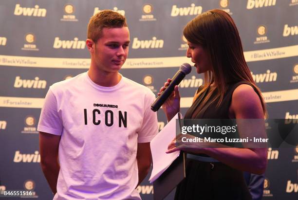 Zinho Vanheusden of FC Internazionale and Barbara Pedrotti attend BWin event on September 13, 2017 in Milan, Italy.