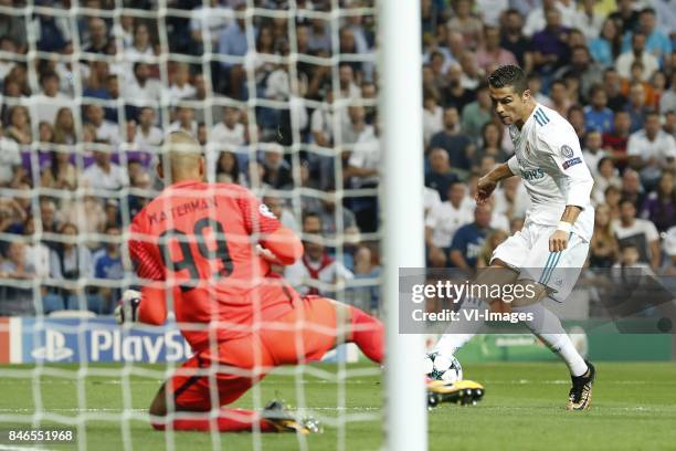 Goalkeeper Boy Waterman of APOEL FC, Cristiano Ronaldo of Real Madrid 1-0 during the UEFA Champions League group H match between Real Madrid and...