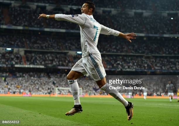 Cristiano Ronaldo of Real Madrid celebrates scoring his sides first goal during the UEFA Champions League group H match between Real Madrid and APOEL...
