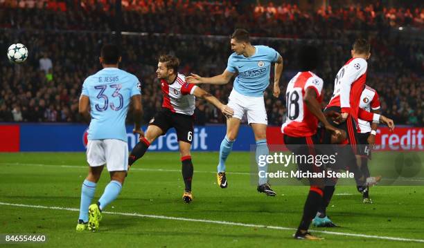 John Stones of Manchester City scores his sides first goal during the UEFA Champions League group F match between Feyenoord and Manchester City at...