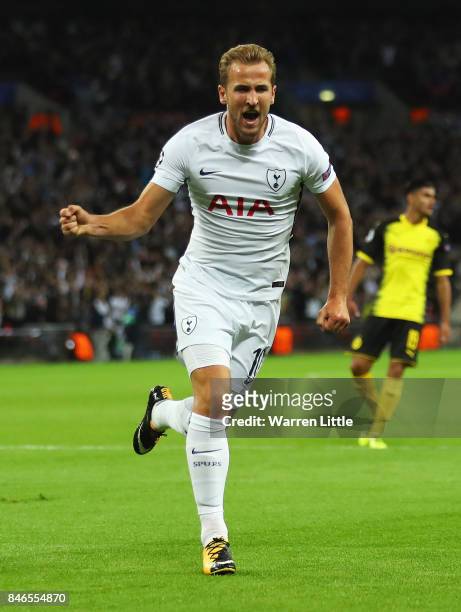 Harry Kane of Tottenham Hotspur celebrates scoring his sides second goal during the UEFA Champions League group H match between Tottenham Hotspur and...