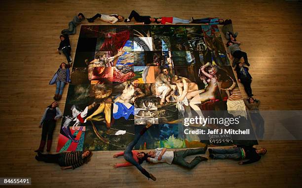 Edinburgh art college students, make a human frame around a large-scale reproduction of Titian�s masterpiece Diana and Actaeon on February 5, 2009 in...