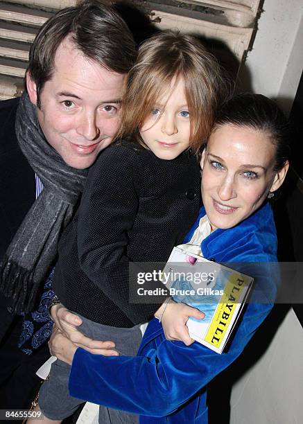 Matthew Broderick, James Wilke Broderick and Sarah Jessica Parker pose at The "Hairspray" Closing Night on Broadway at The Neil Simon Theater on...