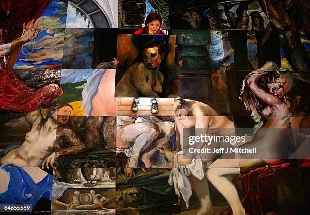 Edinburgh art college student Hannah Knight, stands beside a large-scale reproduction of Titian�s masterpiece Diana and Actaeon on February 5, 2009...