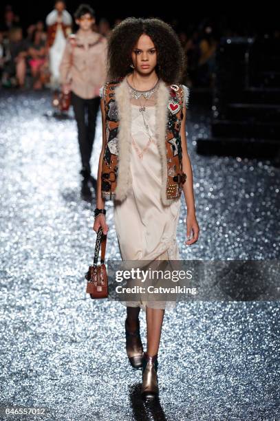 Model walks the runway at the Coach Spring Summer 2018 fashion show during New York Fashion Week on September 12, 2017 in New York, United States.