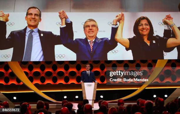 Los Angeles Mayor Eric Garcetti talks during the 131th IOC Session - 2024 & 2028 Olympics Hosts Announcement at Lima Convention Centre on September...